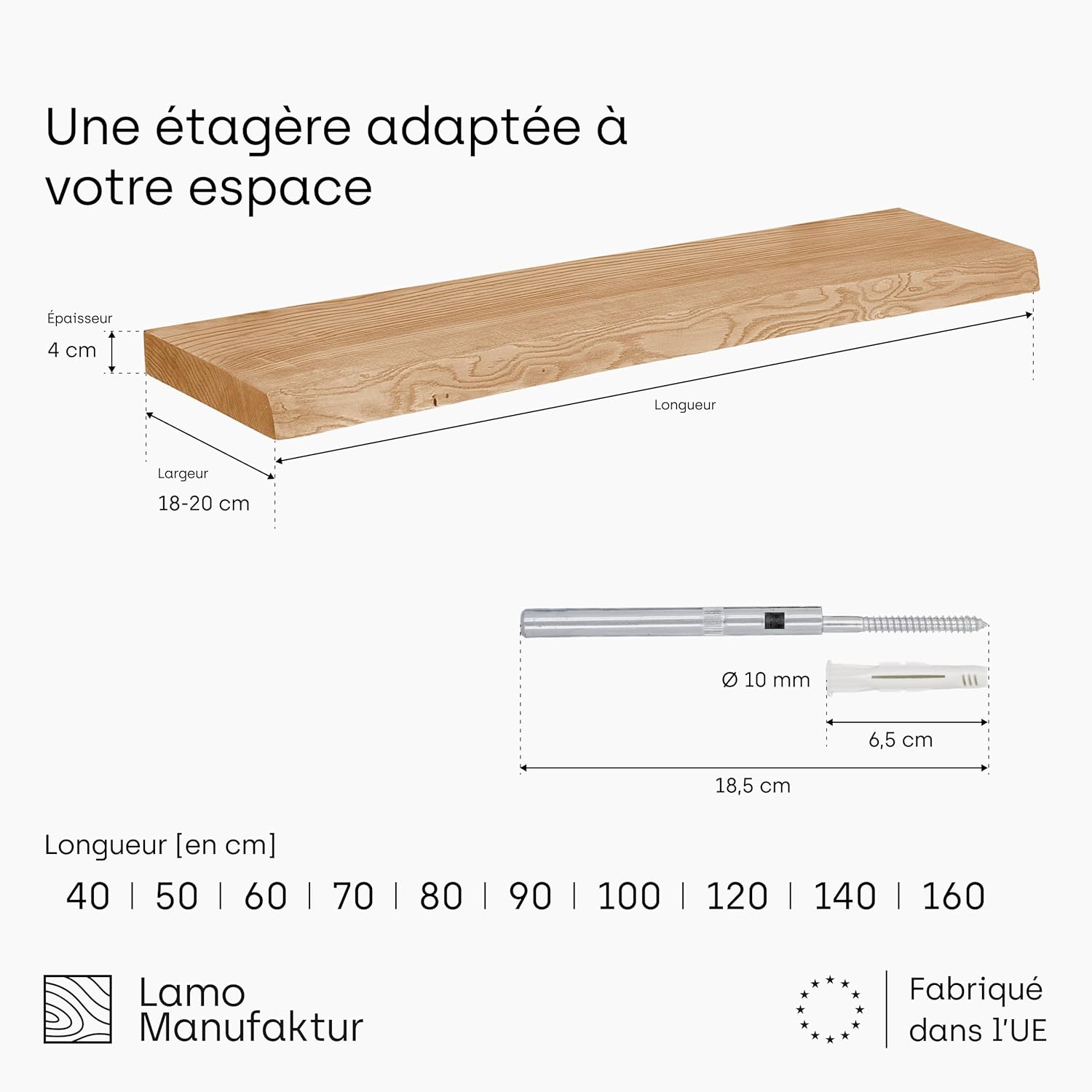 Manufaktur Étagère Flottante Murale Bois avec Fixation Invisible - Étagère 160 cm Largeur pour Salon, Bureau - Couleur: Rustique, Bord: Naturel - Bois Massif, Design Moderne, Effet Flottant 160 cm Rustique