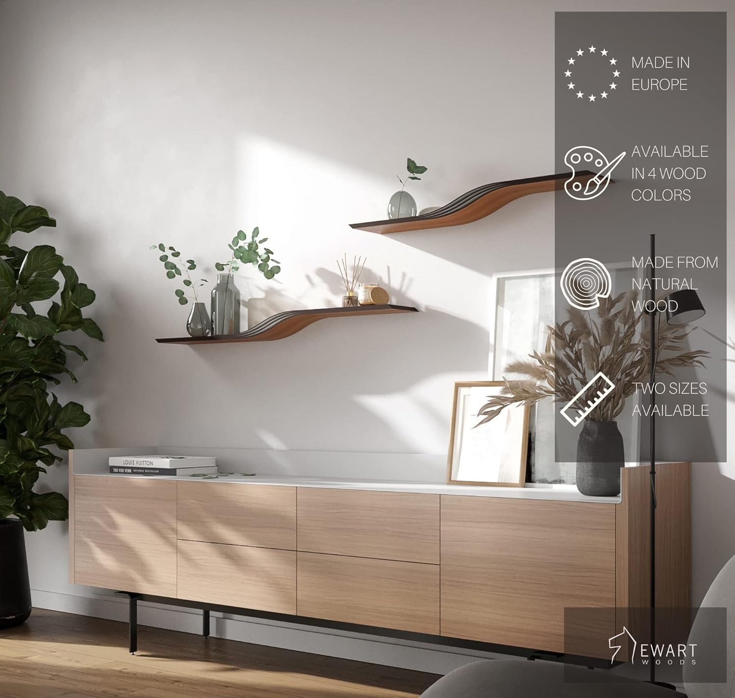 Étagère murale flottante en bois courbé, étagères de livres géométriques suspendues en bois moderne, étagère en bois faite à la main (Noyer, 95 cm (37,4 pouces)) Noix 95 cm
