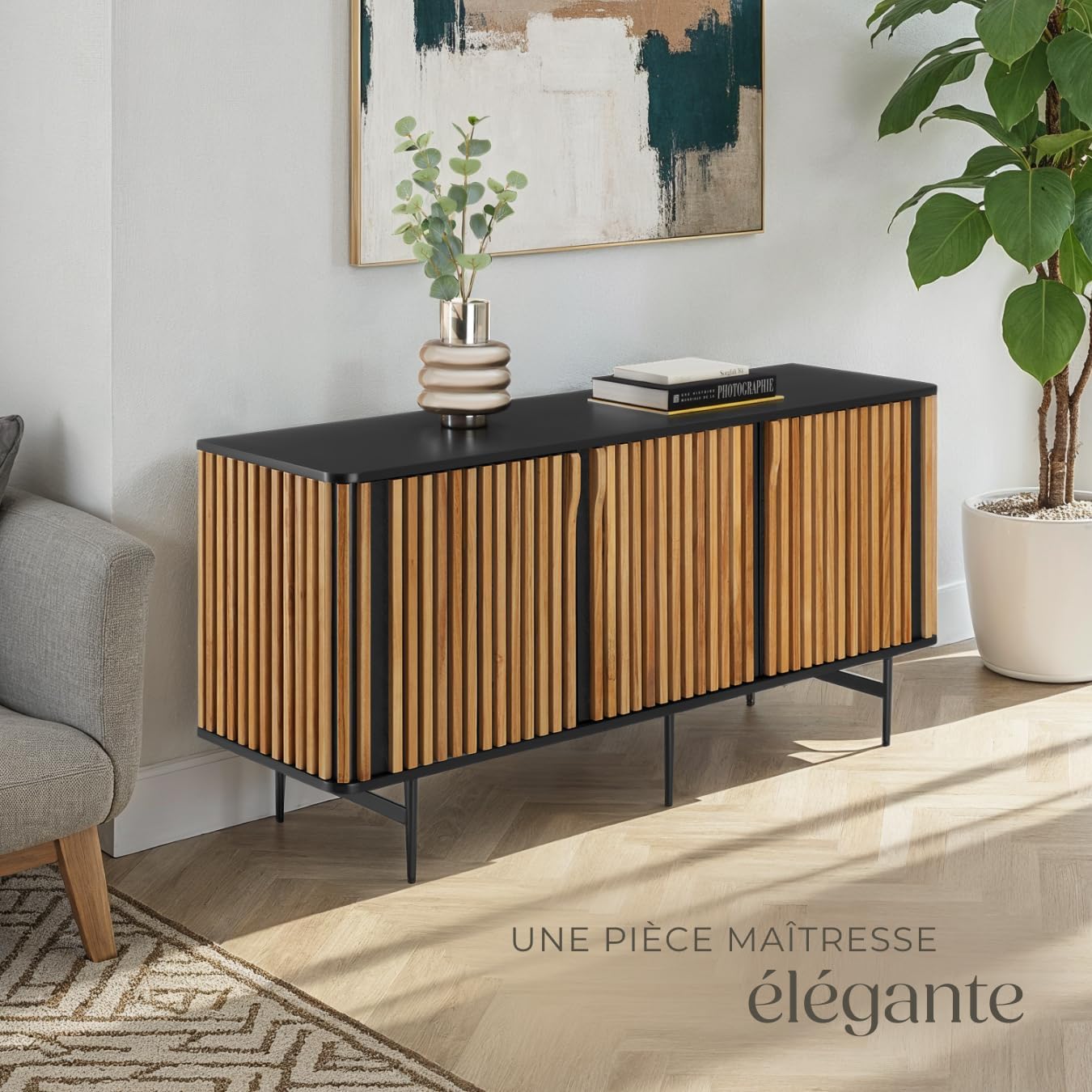® Buffet 45,5 x 156 x 74 cm, Buffet Salle a Manger Bois d’Eucalyptus laqué, 3 Portes, 6 Compartiments, Vaisselier, Meuble de Rangement, Bahut, Meuble Salon, Commode Salon, Design en lamelles