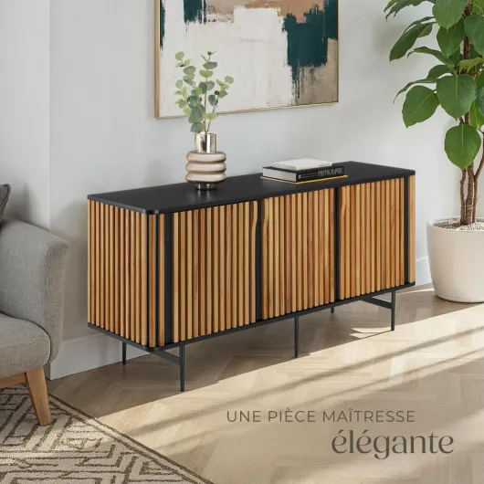 ® Buffet 45,5 x 156 x 74 cm, Buffet Salle a Manger Bois d’Eucalyptus laqué, 3 Portes, 6 Compartiments, Vaisselier, Meuble de Rangement, Bahut, Meuble Salon, Commode Salon, Design en lamelles