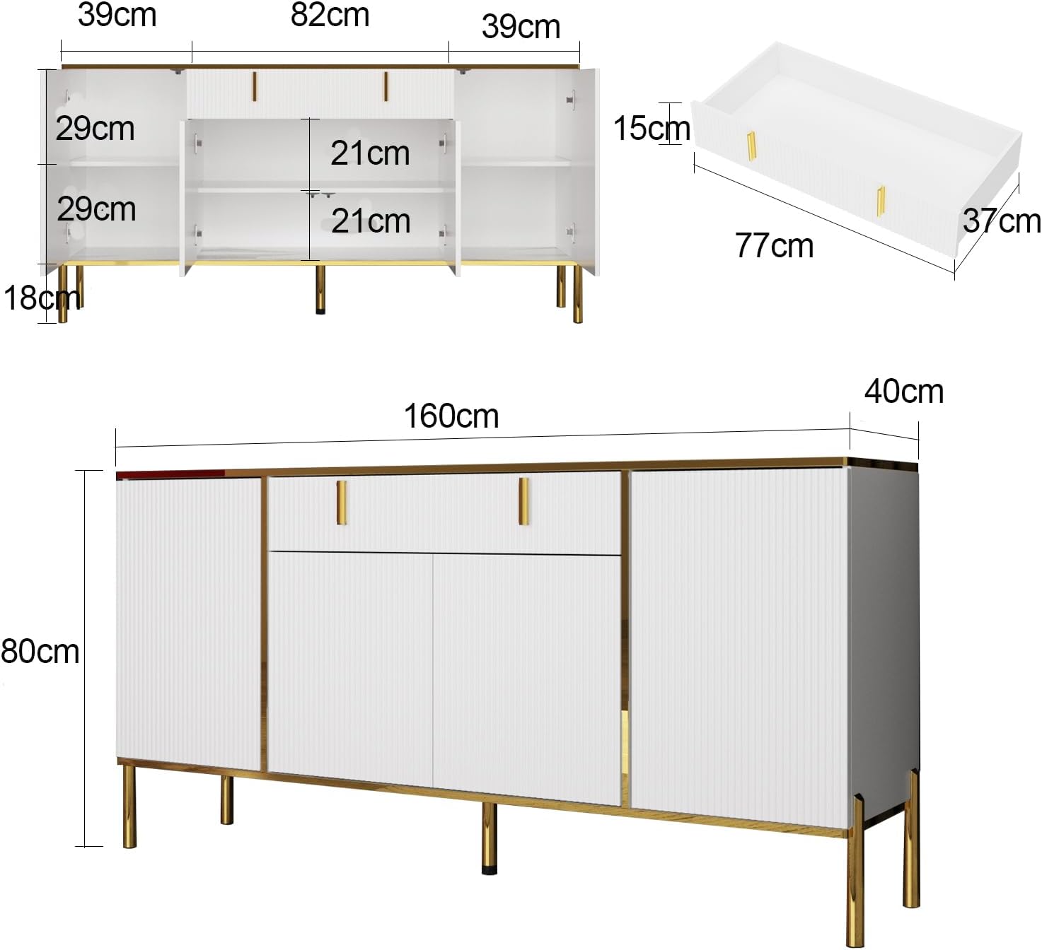 Buffet de Salon Avec 4 Portes, Armoire de Commode, Étagères Réglables pour Cuisine, Entrée, Salle à Manger - Blanc, MDF, 160 x 40 x 80 cm