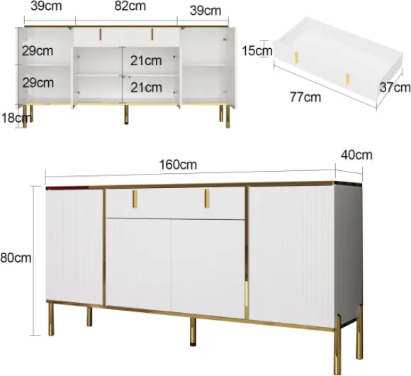 Buffet de Salon Avec 4 Portes, Armoire de Commode, Étagères Réglables pour Cuisine, Entrée, Salle à Manger - Blanc, MDF, 160 x 40 x 80 cm