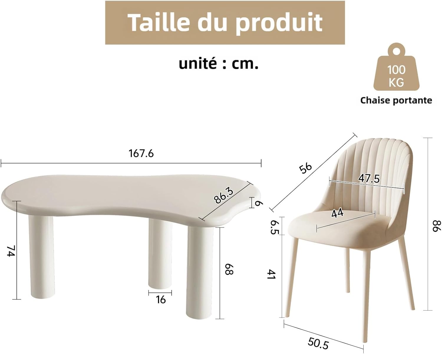 Miuuod Ensemble de salle à manger 5 pièces - Table de cuisine en forme de nuage avec 4 chaises rembourrées - Ensemble de salle à manger moderne unique avec design à 3 pieds - Montage facile - Blanc 167.6cm Esszimmer-Set für 4