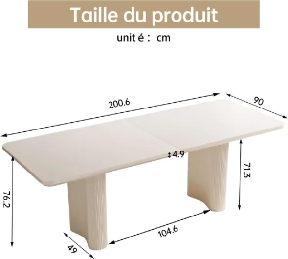 Miuuod Table à manger rectangulaire blanche de 200 cm pour 4/6/8 personnes, moderne avec pieds ondulés, plateau épais pour cuisine et salon 200cm - Table Only Blanc 01