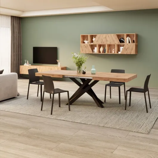 , Table Extensible Emma 160(240) x90 cm, Bois Rustique avec Pieds Croisés Noirs, pour 6-10 Personnes, Table Extensible pour Cuisine, Salon, Made in Italy Bois Rustique avec Pieds Noirs 160 x 90 x 75.5 cm