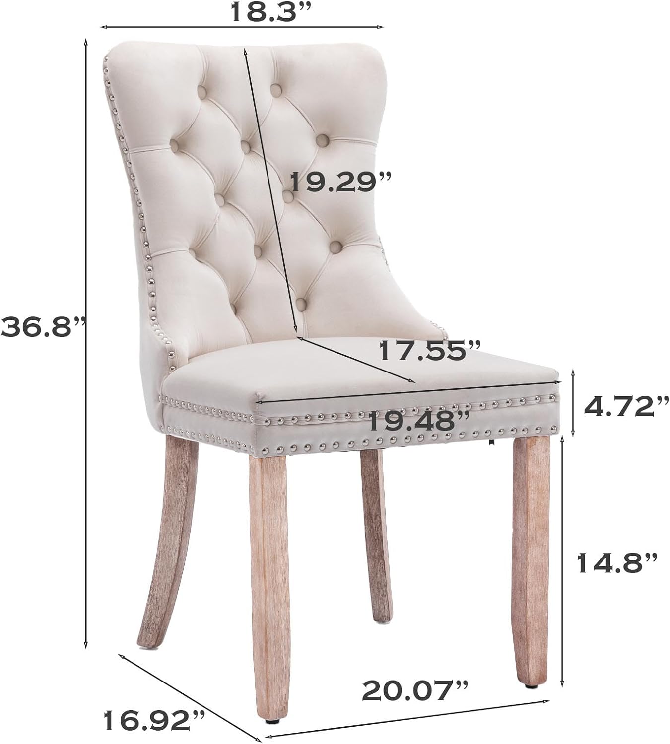 Ensemble de 6 Chaises de Salle à Manger en Velours, avec Dossier à Ailes tapissé, piquetage à Boutons, Garniture rivetée, Anneau décoratif de Dossier et Jambes en Bois, Beige Ensemble de 6 Beige Jambes en Bois