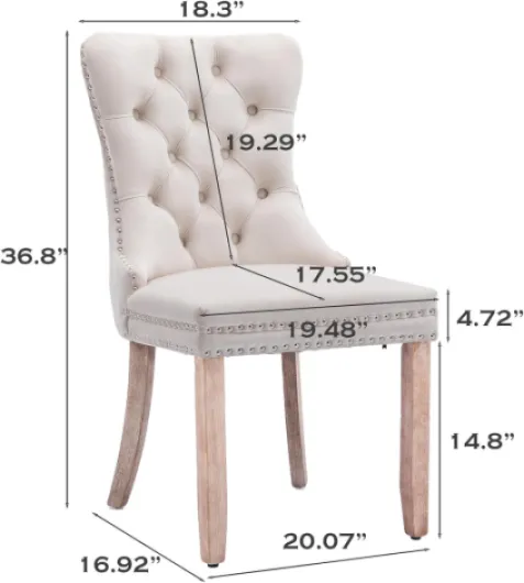 Ensemble de 6 Chaises de Salle à Manger en Velours, avec Dossier à Ailes tapissé, piquetage à Boutons, Garniture rivetée, Anneau décoratif de Dossier et Jambes en Bois, Beige Ensemble de 6 Beige Jambes en Bois