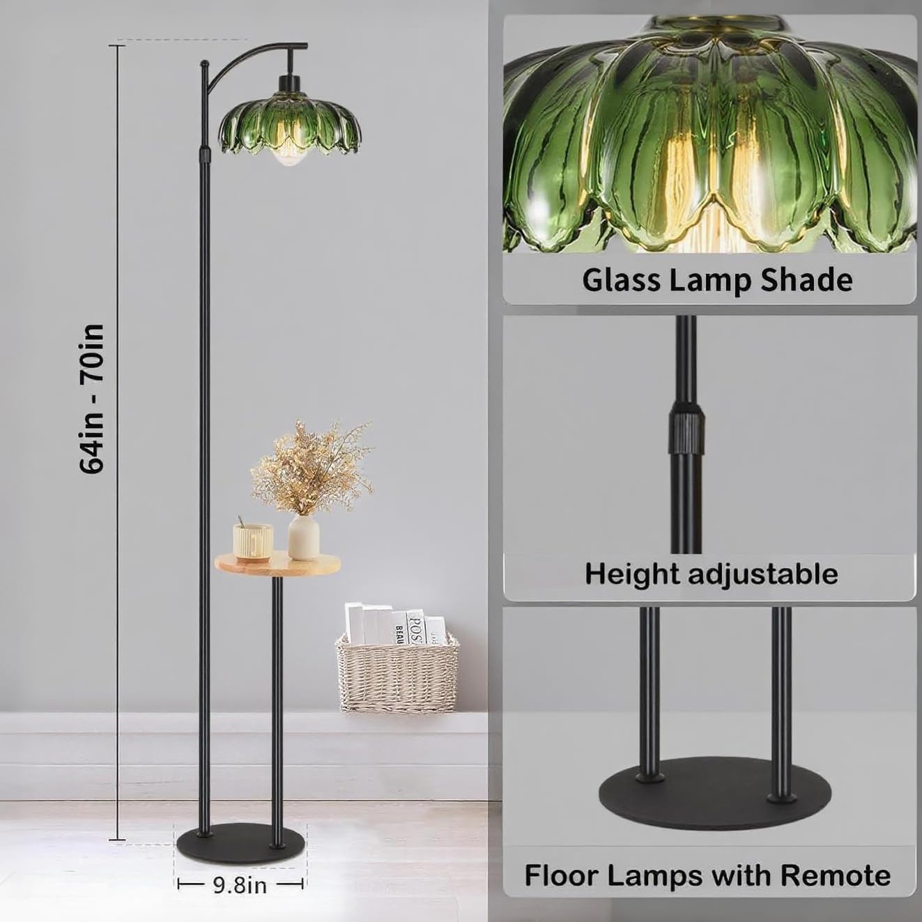 Lampadaire Vintage avec Étagères E27 Lampe Sur Pied de Salon avec Abat-jour Verre & Pédale, Hauteur réglable 165 à 185cm, Design Verte Fleurs Lampadaire pour Chambre à Coucher Bureau