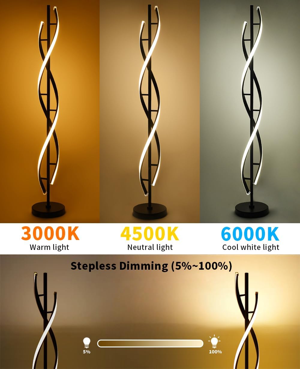 Lampadaire LED Dimmable, Moderne Spirale Design 30W Lampe Salon avec Télécommande, Noir, Plastique, Spirale