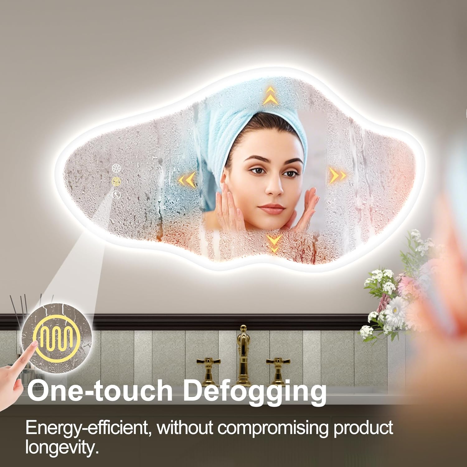 Asymétrique Miroir-Salle-de-Bain-avec-Eclairage 90x50cm, Irrégulier Miroir-LED avec Bluetooth, 3 Couleurs de Lumière Réglables, Anti-buée, Mémoire, IP44, Verre Trempé, Horizontal/Vertical 90L x 50l cm M3066 Como Translucide (Bluetooth)