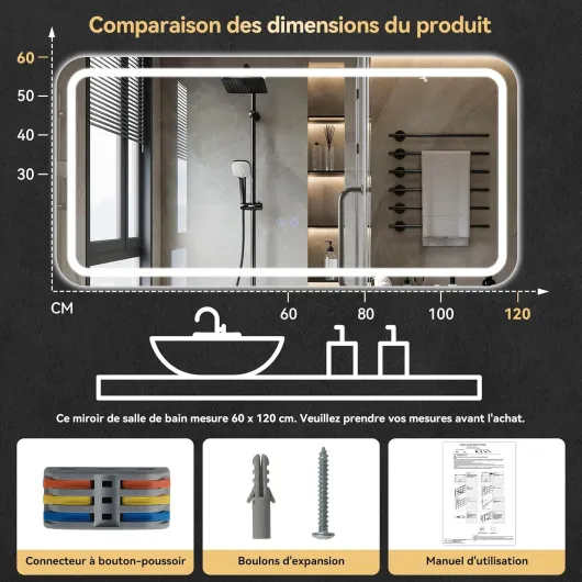 Miroir Salle de Bain avec Éclairage 120x60cm,Miroir Mural Lumineux LED avec 3 Couleurs,Dimmable,Antibuée,Mémoire,Interrupteur Tactile,Verre Trempé,Rectangulaire,IP44,Grande Taille,Horizontal