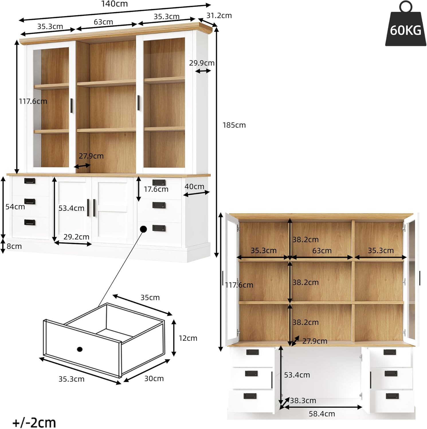 Buffet Cuisine 140×185cm, Armoire de Cuisine Haute, Vaisselier avec Plan de Travail et 6 Tiroirs, Étagères Réglables, Meuble de Rangement, Blanc