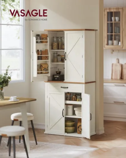 Buffet Haut Cuisine, Meuble de Rangement, Armoire, Vaisselier, Hauteur 178,6 cm, avec Tiroir, Placards, Étagères Réglables, pour Salon, Cuisine, Blanc Rustique BBK364W02 80L x 178,6H cm Blanc Rustique