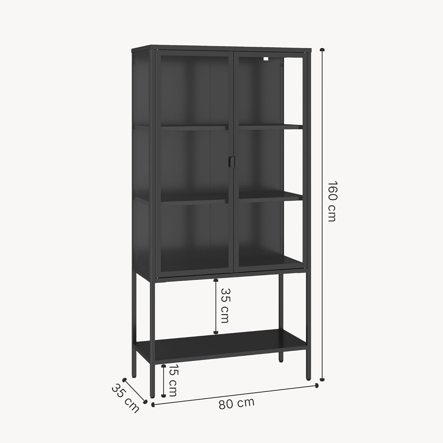 [en.casa] Armoire Vitrée avec 3 Compartiments de Rangement 2 Portes Buffet Haut Design Industriel Vaisselier pour Salon Bureau Acier Verre Trempé de 4 MM 160 x 80 x 35 cm Noir