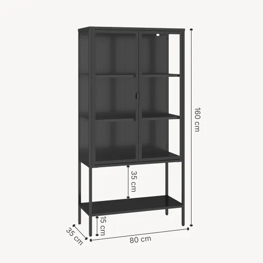 [en.casa] Armoire Vitrée avec 3 Compartiments de Rangement 2 Portes Buffet Haut Design Industriel Vaisselier pour Salon Bureau Acier Verre Trempé de 4 MM 160 x 80 x 35 cm Noir