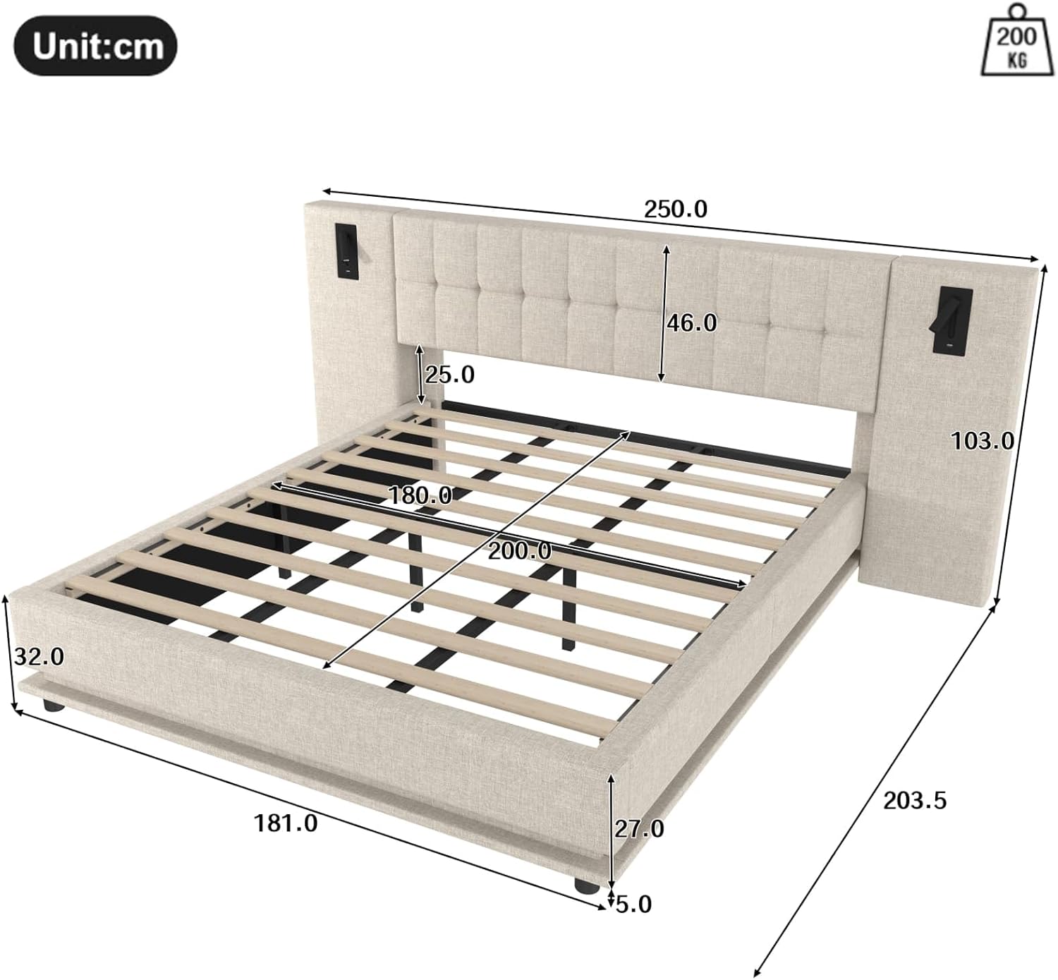 PUGSDRLY Lit Double 180x200cm avec Lampe de Chevet et Port USB,Lit Adulte Capitonné avec Sommier à Lattes et Tête Large,Bande LED,Tissu de Lin,sans Matelas (Beige)