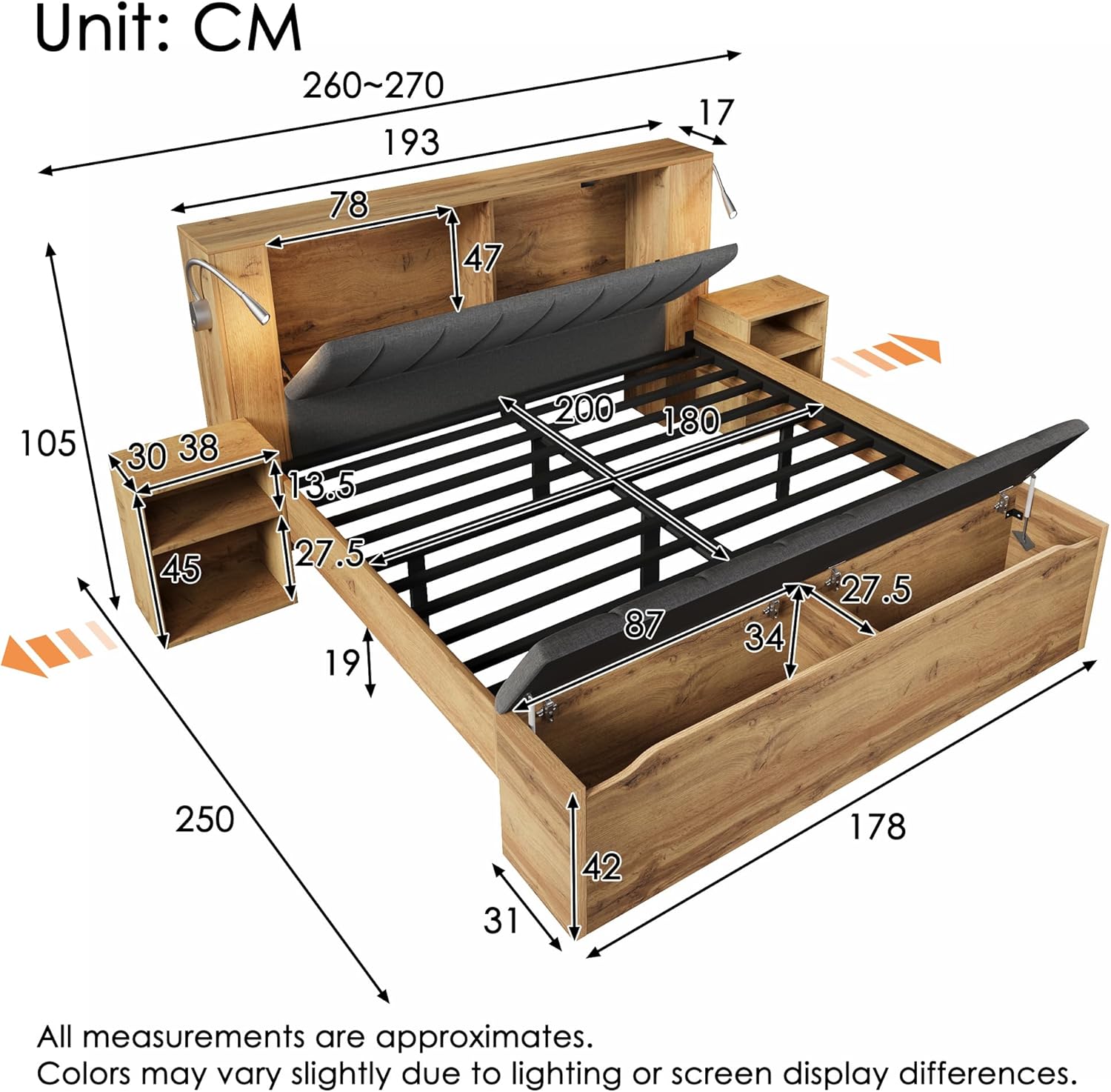 Lit 180x200 avec Sommier LED USB et 2 Tables de Chevet, Lit Double 180x200 avec Banquette Rangement et Tete Réglable, Capitonné avec à Lattes 2 Personnes, Rembourré Cadre de Bois(Sans Matelas) Holz Réglable 180x200cm