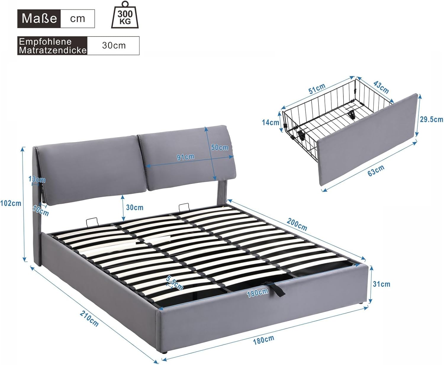 Sweiko Lit Rembourré 180 * 200 cm, Hydraulique, Rangement en Velours Avec Trois Tiroirs, Double Avec Tête de Lit et Sommier à Lattes, Pour Adultes (Sans Matelas) Grey 180*200 cm Grey