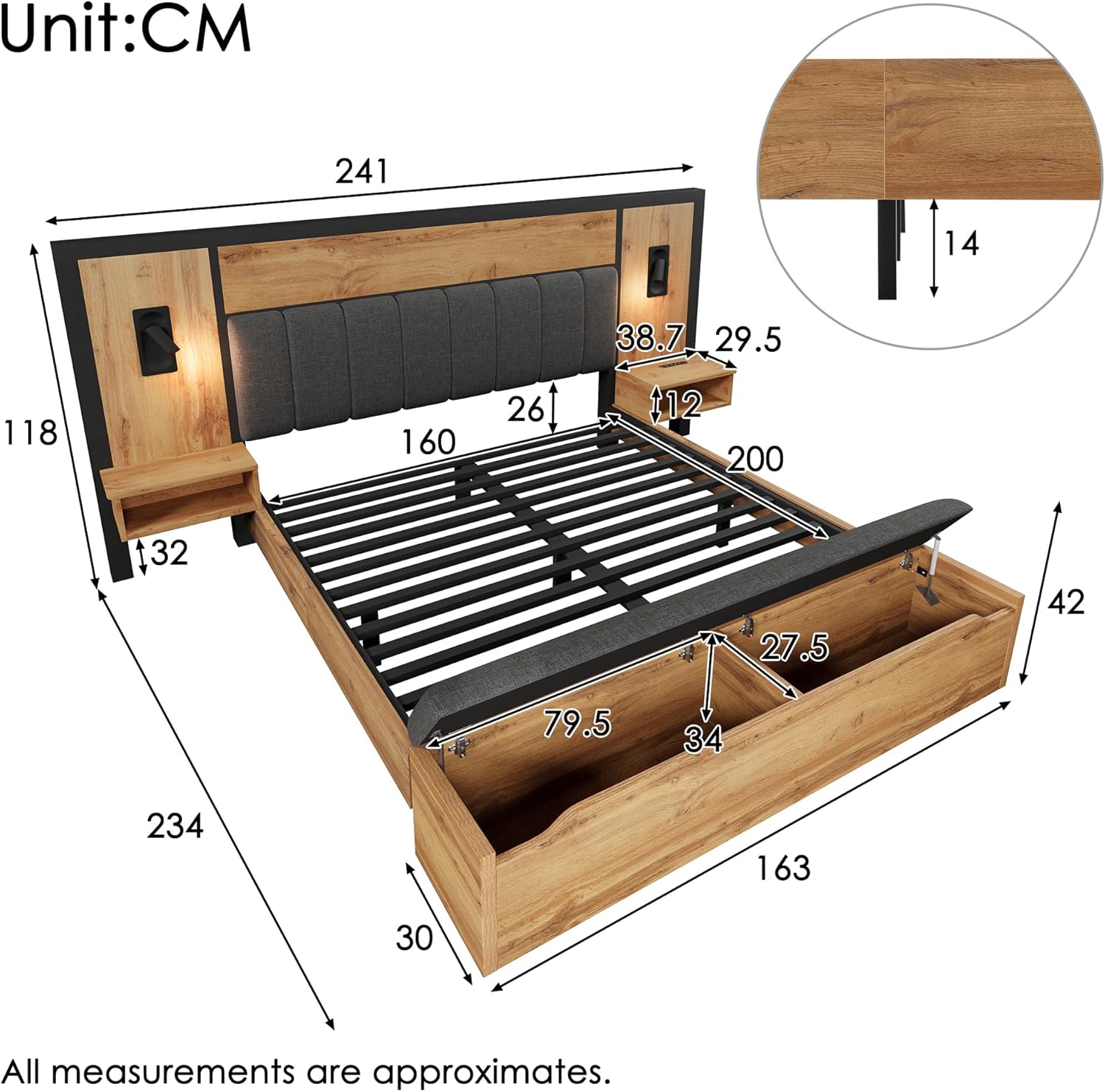 Lit 160×200 avec sommier à lattes avec USB,lit coffre 160x200 double rembourré,cadre de lit 2 personnes avec rangement et lampe de lecture,table de chevet et banc avec compartiment de rangement 160x200 Bois Naturel