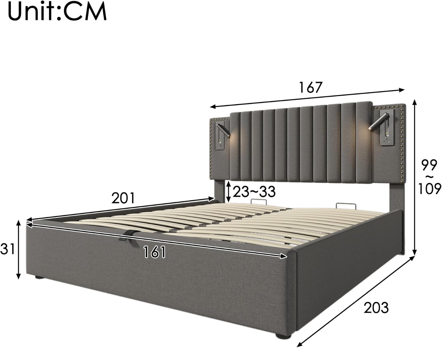 Sapgaks Lit capitonné 160x200cm, tête de lit Design Rivet avec Fonction de Chargement USB et liseuse, avec Coffre de lit à Rangement hydraulique, matière Coton, Gris (Matelas Non Inclus) 160x200cm Gris