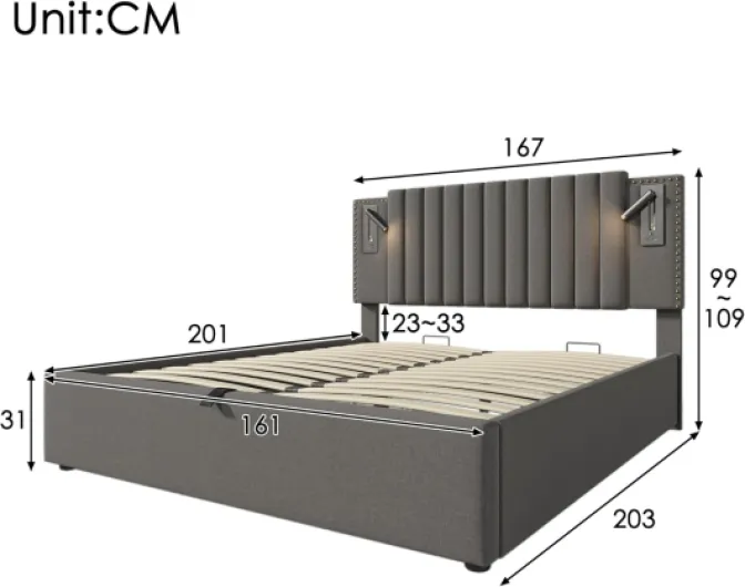 Sapgaks Lit capitonné 160x200cm, tête de lit Design Rivet avec Fonction de Chargement USB et liseuse, avec Coffre de lit à Rangement hydraulique, matière Coton, Gris (Matelas Non Inclus) 160x200cm Gris