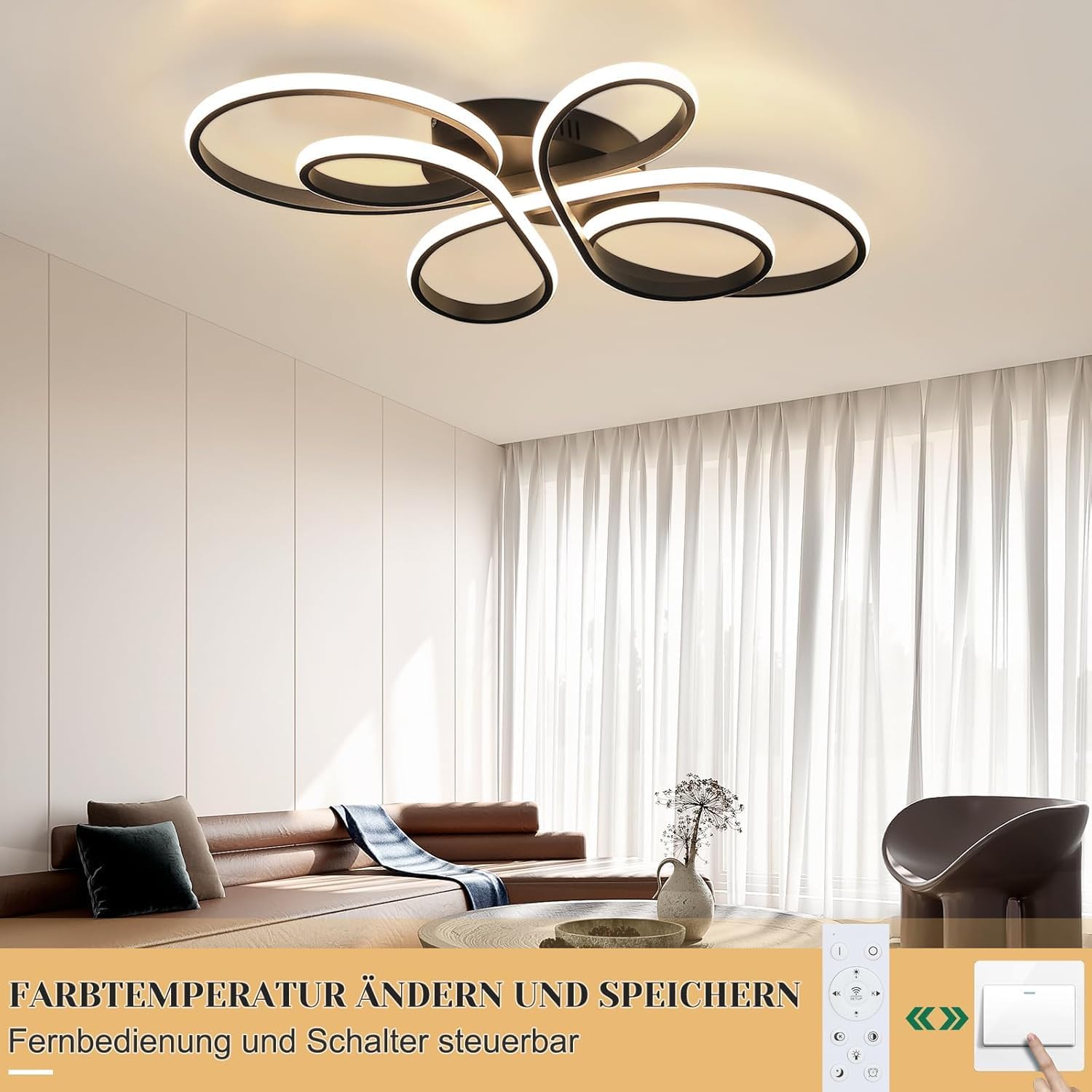 Plafonnier LED pour salon - 100cm Noir Grande lampe de salon Design moderne à intensité variable 90W Avec télécommande Éclairage de plafond pour chambre, salle à manger, bureau, cuisine Noir 100 CM