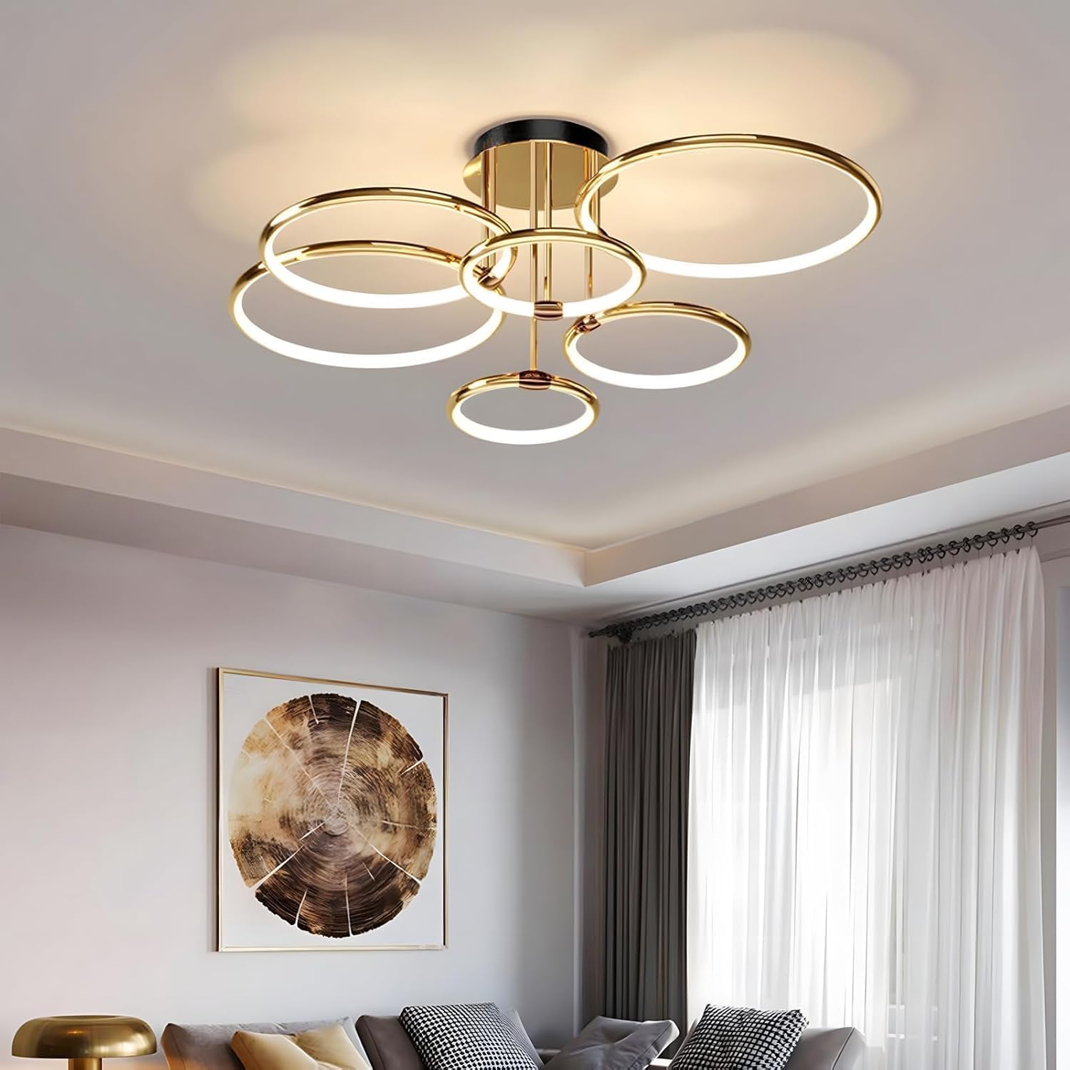 6 Anneaux Ronds Plafonnier Led Doré, Lustre Ø105cm - 145W À Intensité Variable, Suspension Créative En Métal Électrolytique, Lampe Moderne Pour La Chambre À Coucher Bureau D'Enfants Étude Type C: 6 Anneaux - Ø105cm