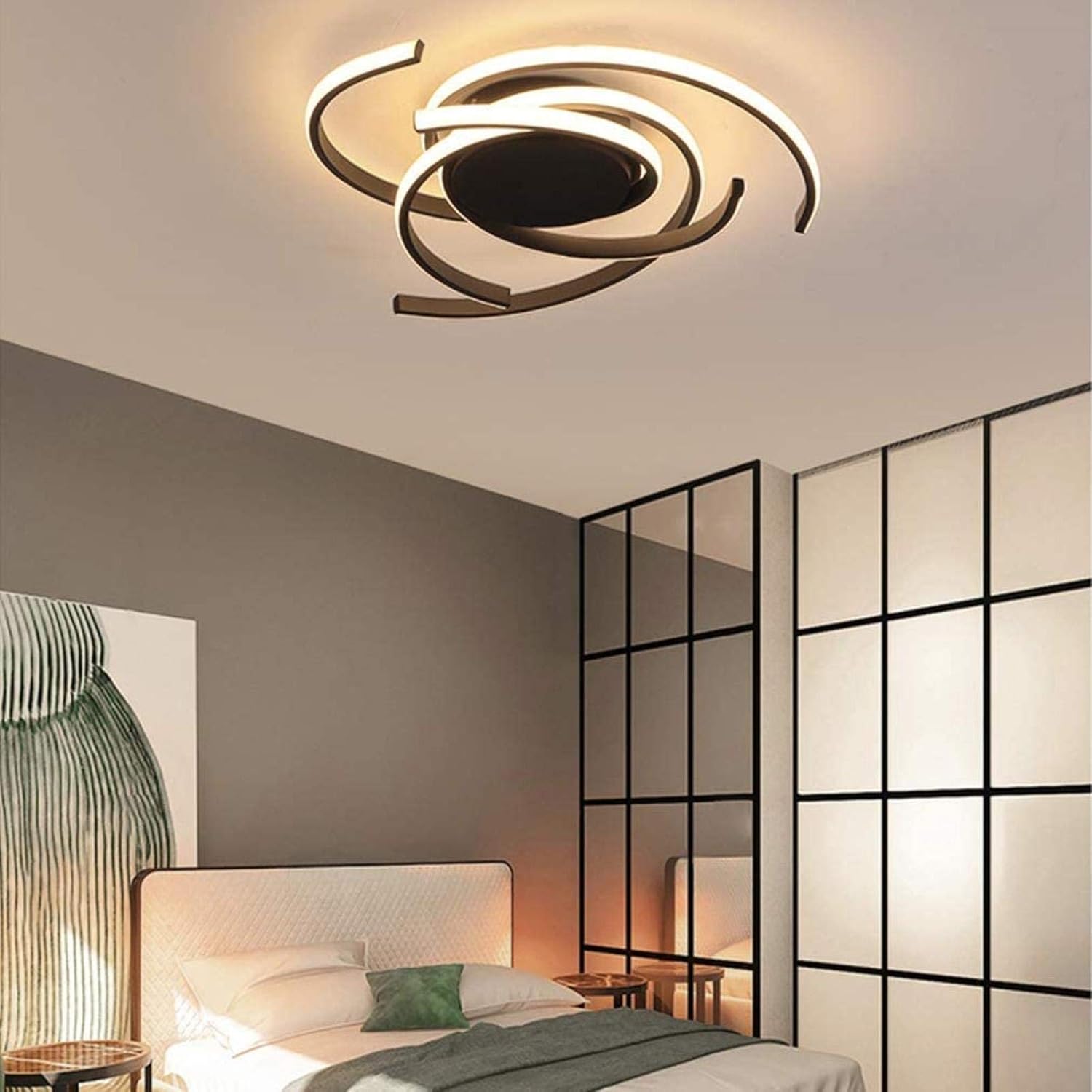Plafonnier LED moderne à intensité variable avec table de salle à manger télécommandée Créative en forme de fleur en spirale Design Lustre en métal acrylique pour le salon Noir