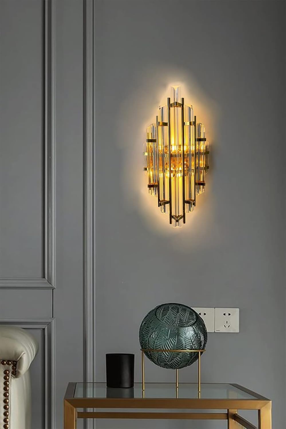 Champion Applique Murale Intérieure en Cristal de 25x45 cm, Applique Murale Chambre, Couloir, Luminaires Intérieur, Lustre Salon, Décoration de Maison, Lampe de Mur Vintage en Couleur d'Or