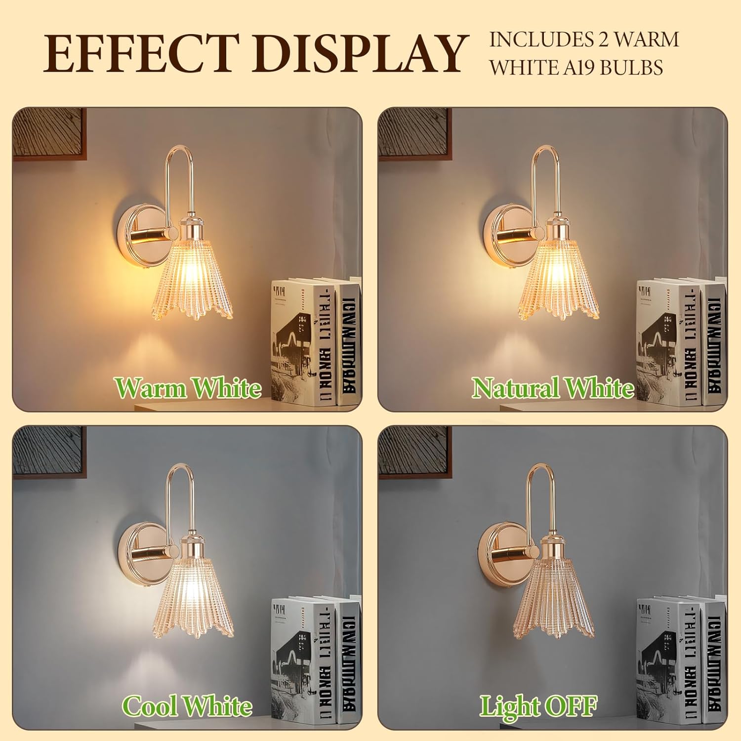 Applique Murale Set de 2, Luminaire Vintage Doré avec Abat-jour Long en Verre Ambre, Applique Fixe à Fil Direct pour Chambre, Salle de Bains, Salon - Inclut 2 Ampoules LED Doré + Verre Ambré 1-Culot