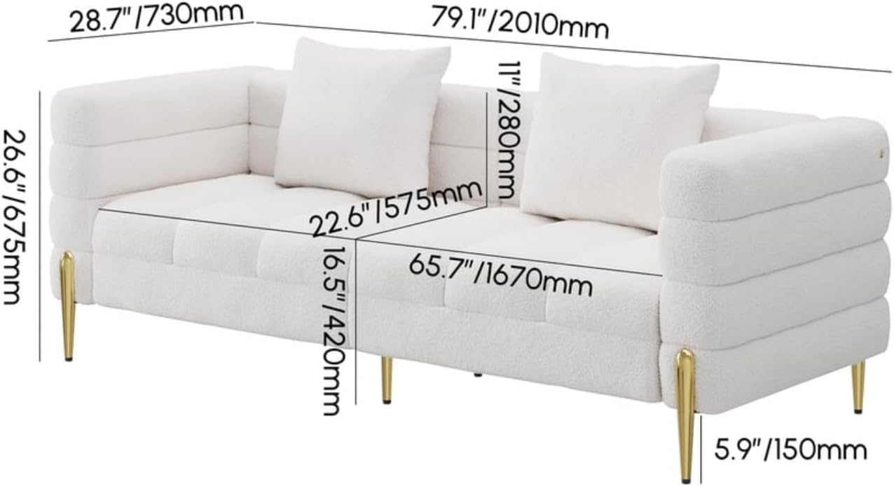 Canapé 3 Places, Canapé Blanc Bouclé 200 cm, Canapé Moderne avec Coussins, Canapé Nuage Confortable à Assise Profonde pour Salon, Canapés Mid-Century en Bois Robuste
