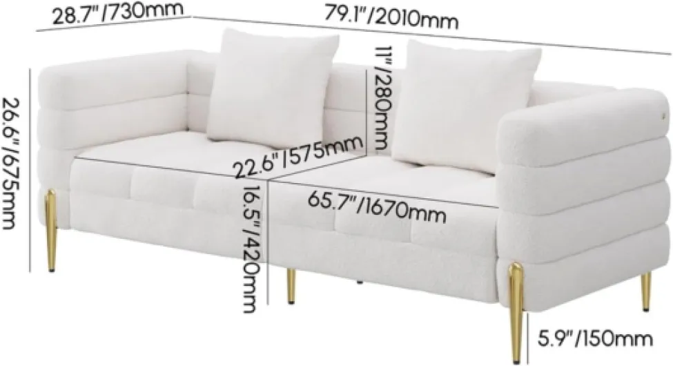 Canapé 3 Places, Canapé Blanc Bouclé 200 cm, Canapé Moderne avec Coussins, Canapé Nuage Confortable à Assise Profonde pour Salon, Canapés Mid-Century en Bois Robuste