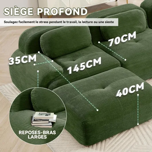 Canapé Moderne modulable, Tissu côtelé, Assise Profonde + accoudoirs Larges, sans Assemblage, 3 Places en L, Vert foncé 3 places + 1 repose-pied Vert Foncé