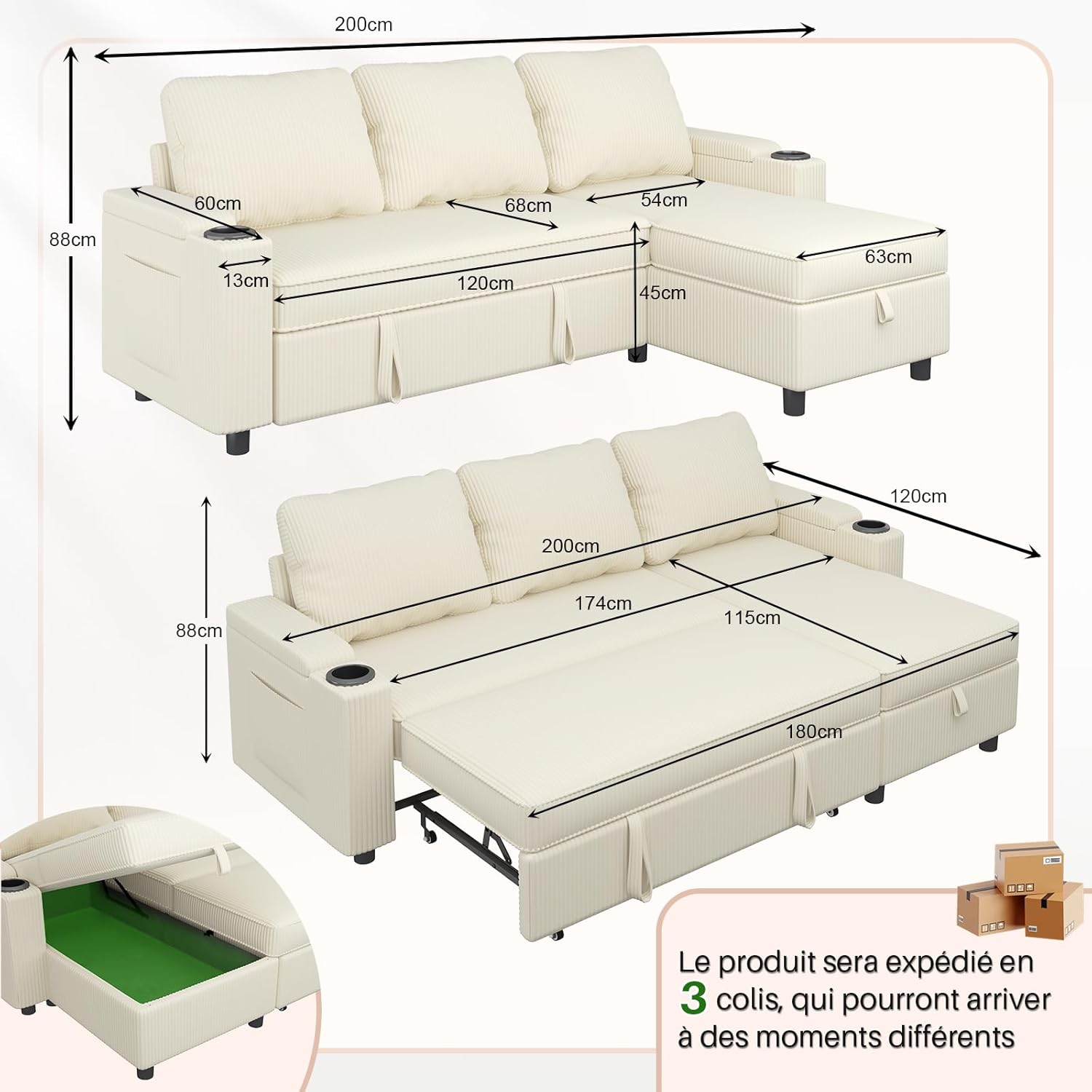 JUMMICO Canapé d'angle Convertible 3 Places, canapé lit avec Rangement intégré et accoudoirs multifonctionnels, idéal pour Salon, Bureau et Petit Appartement, Design Moderne et Pratique,Beige