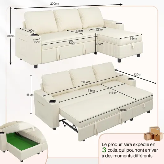 JUMMICO Canapé d'angle Convertible 3 Places, canapé lit avec Rangement intégré et accoudoirs multifonctionnels, idéal pour Salon, Bureau et Petit Appartement, Design Moderne et Pratique,Beige