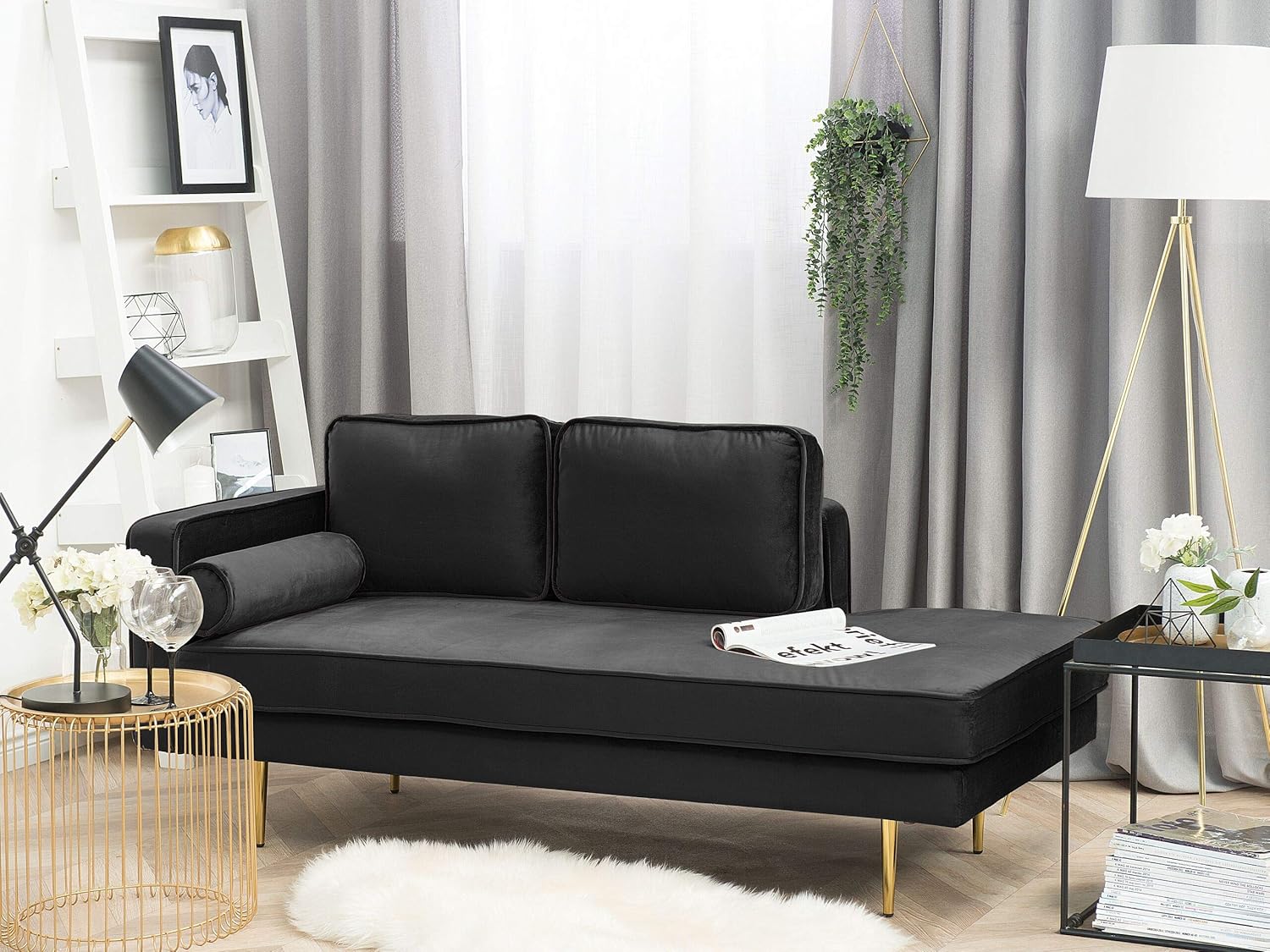 Chaise Longue Méridienne Côté Gauche en Velours Noir Assise Confortable pour Salon Glamour et Moderne Beliani