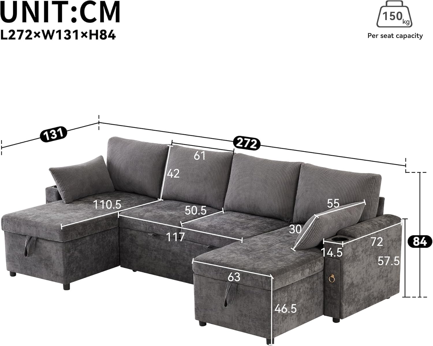 Canapé d'angle convertible, 272 cm Canapé lit modulable en U avec lit gigogne et méridienne de rangement, canapé convertible 4 places avec 2 porte-gobelets,accoudoirs rangement Canape pour salon,Gris - canape convertible O-gris