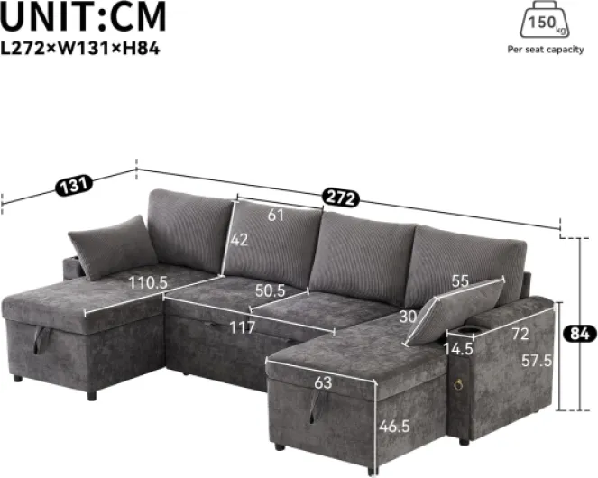 Canapé d'angle convertible, 272 cm Canapé lit modulable en U avec lit gigogne et méridienne de rangement, canapé convertible 4 places avec 2 porte-gobelets,accoudoirs rangement Canape pour salon,Gris - canape convertible O-gris