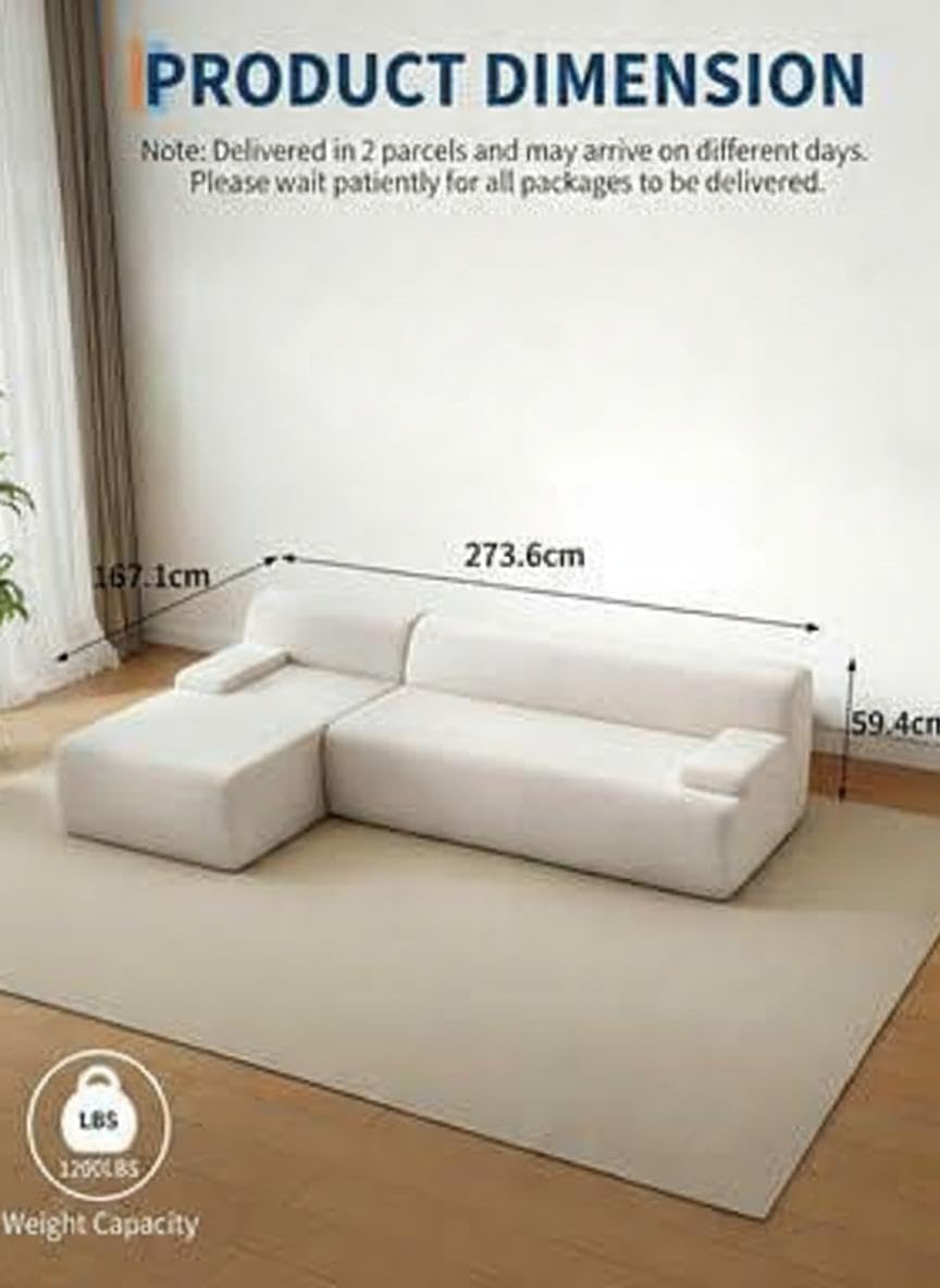 Canapé d'angle Modulaire Cloud pour Salon – Méridienne en Velours Côtelé Ultra Doux, Design en l, Aucun Assemblage Requis – 274 Cm – Blanc Et Gris Beige