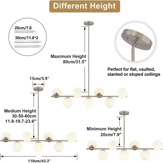 Lustre Salle à Manger Moderne, Suspension Luminaire Cuisine Industrielle, Lustre Suspension Linéaire en Verre, 7 Globes en Verre Blanc Pour îlot de Cuisine, Salon, Chambre, Salle à Manger Argent, Blanc