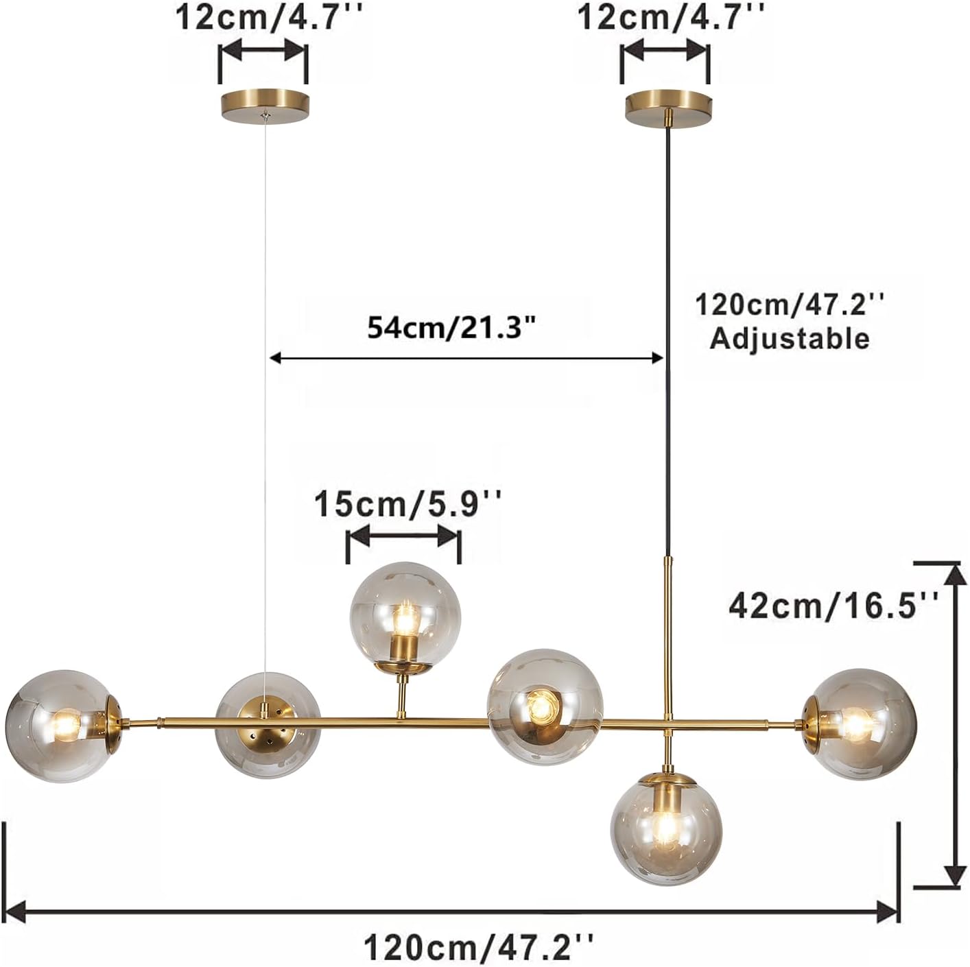 Lighting Lustre doré moderne linéaire à 6 lumières pour îlot de cuisine, hauteur réglable en forme de globe en verre gris fumé Or, Gris Fumé