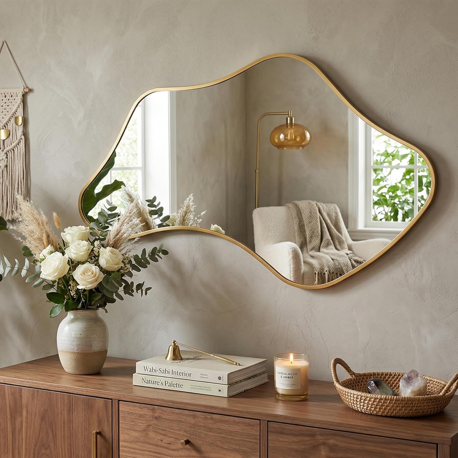 Miroir Mural Ondulé Irrégulier avec Cadre en Métal & Verre de Sécurité Trempé pour Salle de Bain, Chambre & Entrée Doré 100L x 60l cm