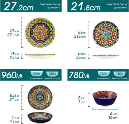 Service de table en porcelaine pour 6 personnes, 24 pièces, service de table vancasso KRVI avec assiettes plates, assiettes à dessert, assiettes creuses et bols, service de table bohème Set de 24 Pièces