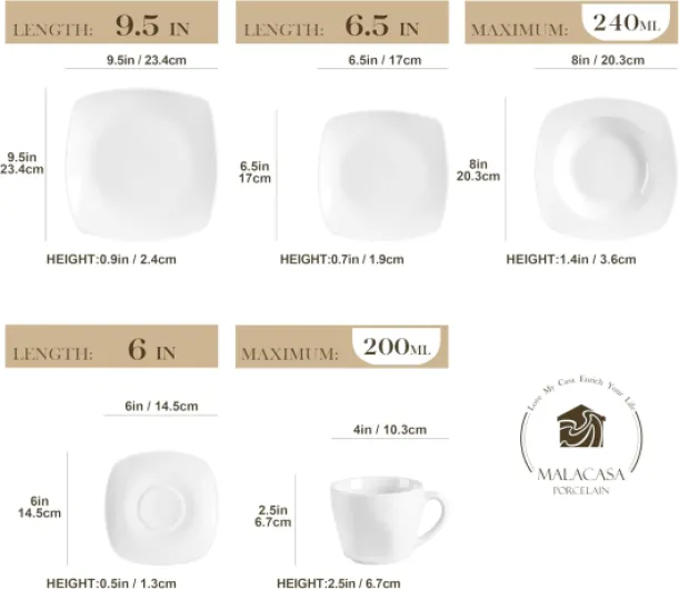 JULIA Service de Table 12 Personnes, Service de Vaisselle 60 Pièces en Porcelaine avec Assiettes Plates, Assiettes à Dessert, Assiettes Creuses, Tasses et Soucoupes, Blanc Set de 60 Pièces