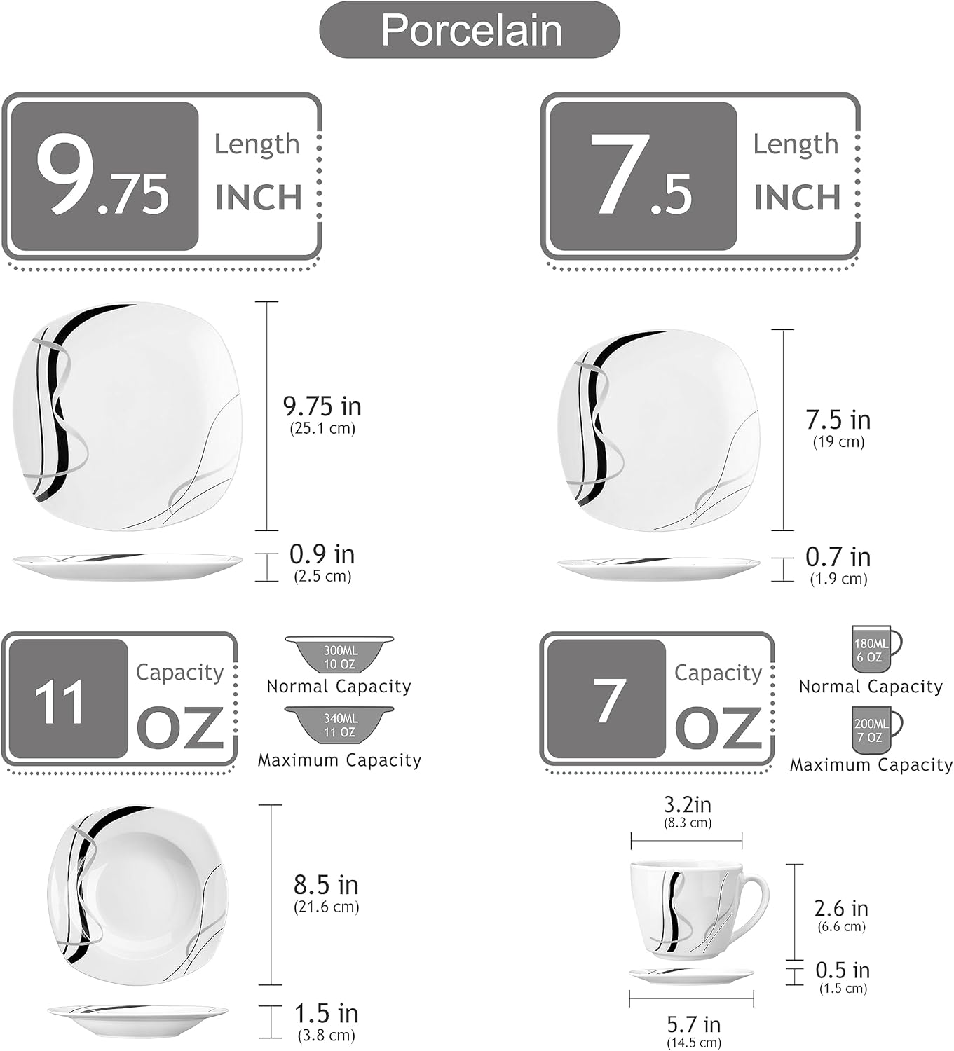 FIONA Service de Table en Porcelaine pour 6 Personnes 30 Pièces - Assiettes Plates, à Dessert, Creuses, Tasses et Soucoupes White With Black Lines 30-teilig Tafelservice