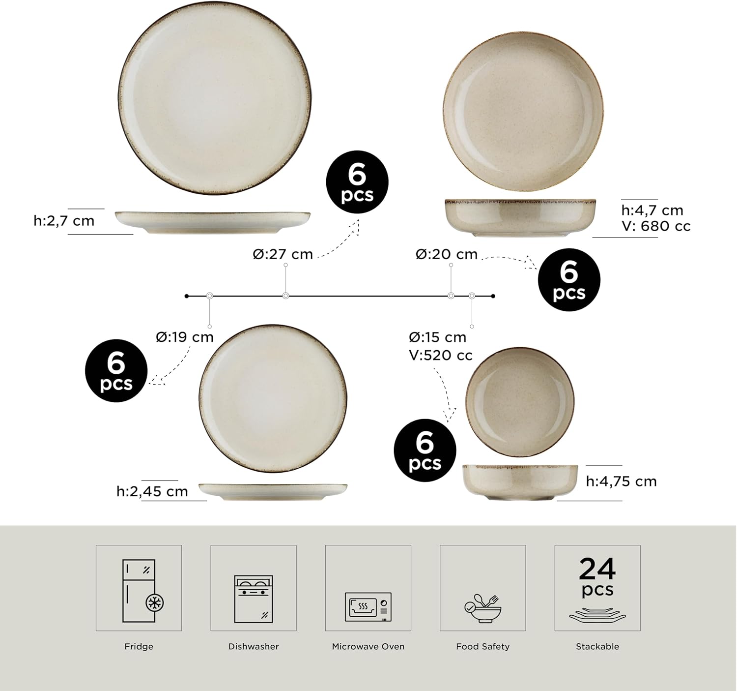 Service de Table 24 Pièces pour 6 Personnes – Vaisselle en Porcelaine Couleur Cannelle – Assiettes Plates, Creuses, à Dessert, Bols – Compatible KOLEKSIYON 30000359922