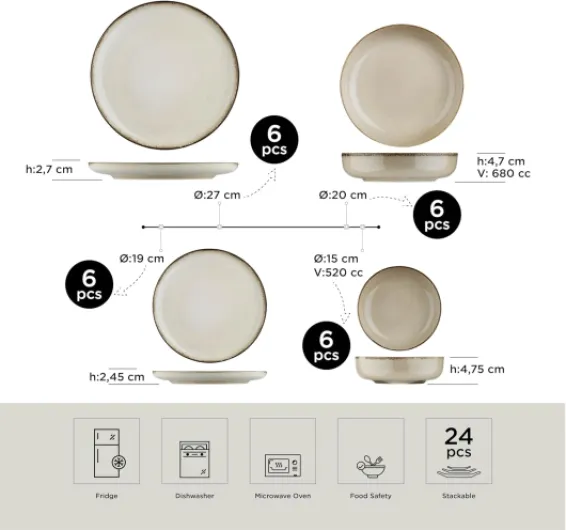 Service de Table 24 Pièces pour 6 Personnes – Vaisselle en Porcelaine Couleur Cannelle – Assiettes Plates, Creuses, à Dessert, Bols – Compatible KOLEKSIYON 30000359922