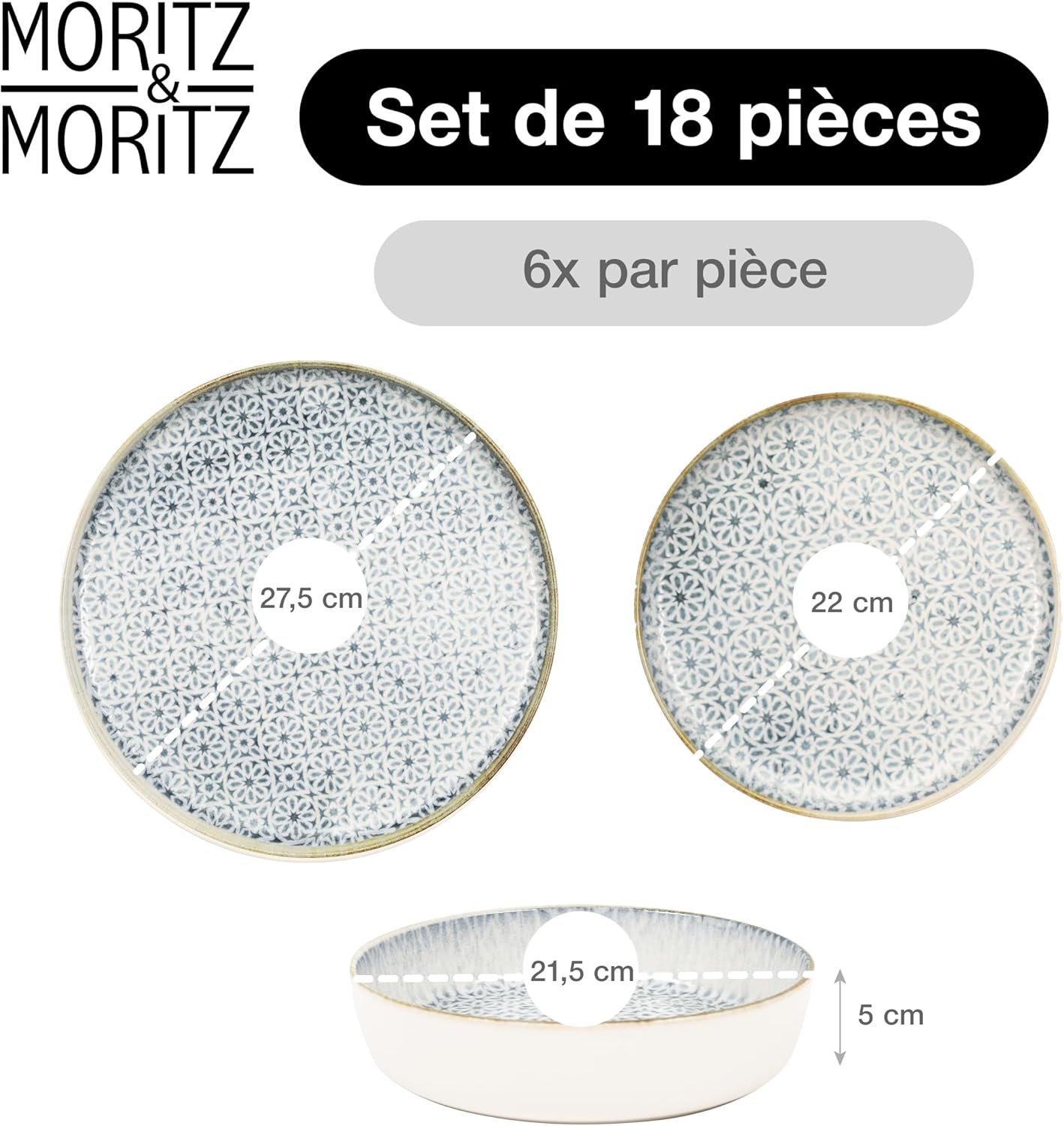 Moritz & Moritz ALHAMBRA Service de table 18 pièces pour 6 personnes, en porcelaine de qualité supérieure, service de table moderne, bleu, facile d'entretien, composé de 6 assiettes plates, 6 Bleu Geschirr Set (18tlg.)