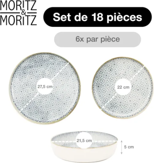 Moritz & Moritz ALHAMBRA Service de table 18 pièces pour 6 personnes, en porcelaine de qualité supérieure, service de table moderne, bleu, facile d'entretien, composé de 6 assiettes plates, 6 Bleu Geschirr Set (18tlg.)