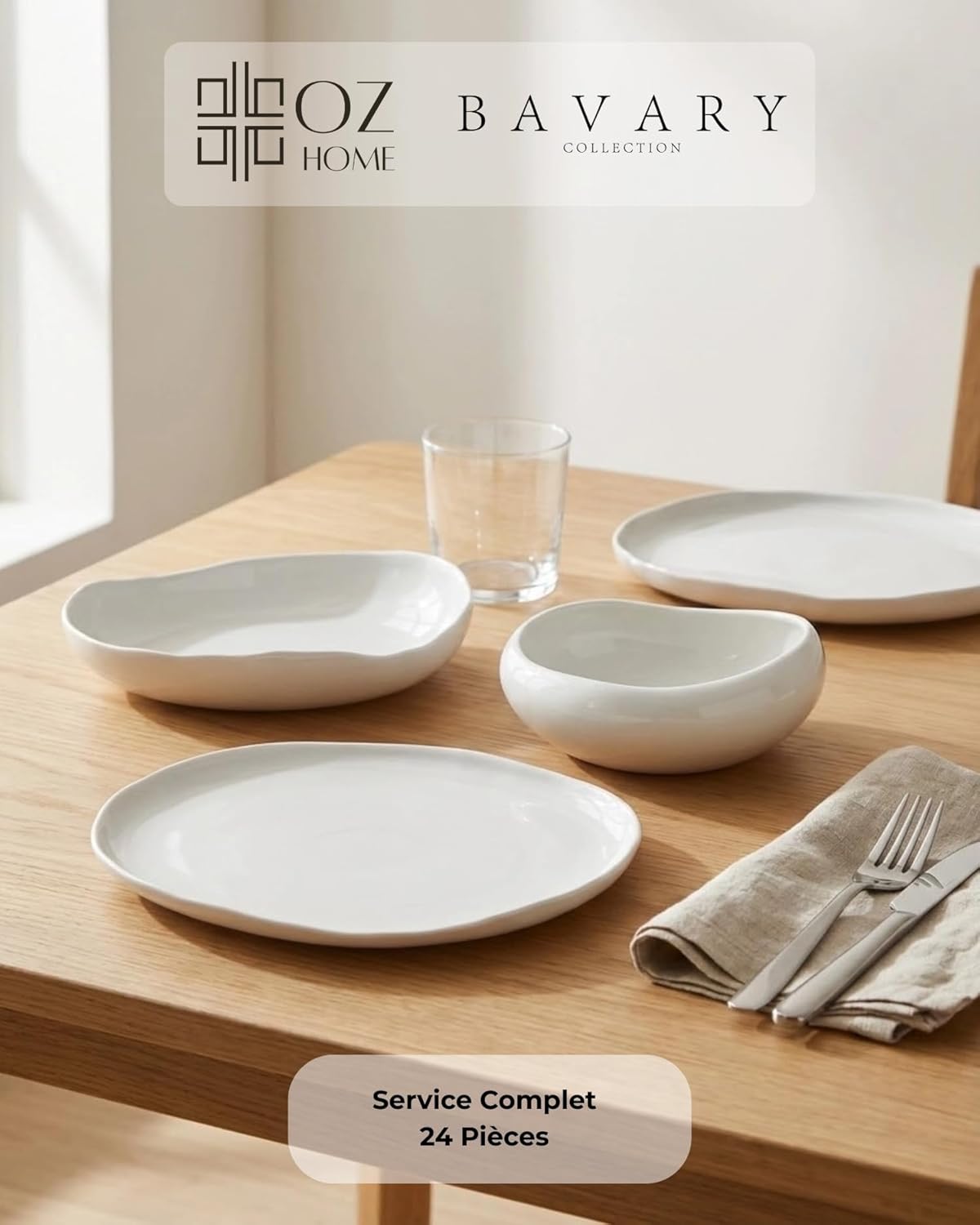 BAVARY Service Vaisselle Capital 24 Pcs – Set De Table & Assiette Porcelaine – Service De Table 6 Personnes De Plates & Assiette Creuse, Bols – Vaisselle Et Arts De La Table Micro-Onde/Lave-Vaisselle Capital - Set En Porcelaine
